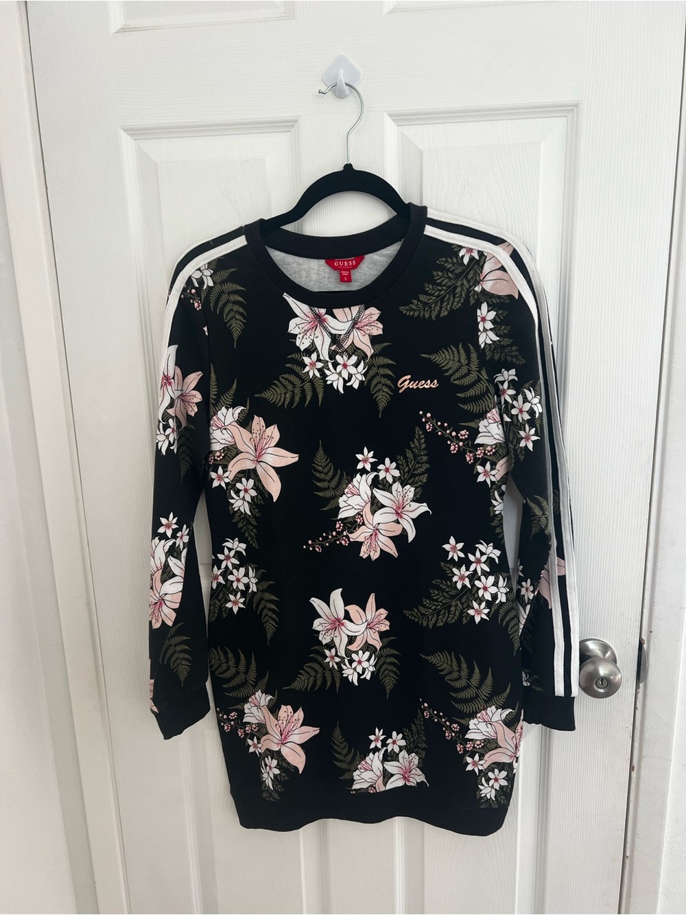 GUESS Black Floral Sweatshirt Dress with Pink Accents